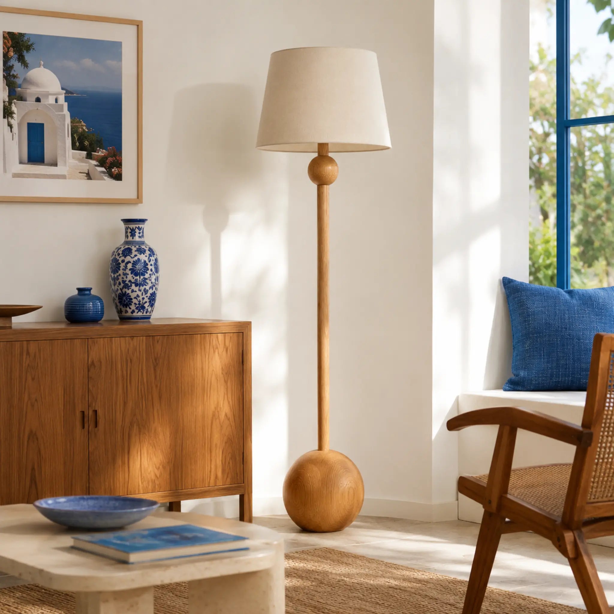 Lampadaire en bois naturel à base sphérique dans un intérieur méditerranéen bleu et blanc, luminaire déco Tunisie