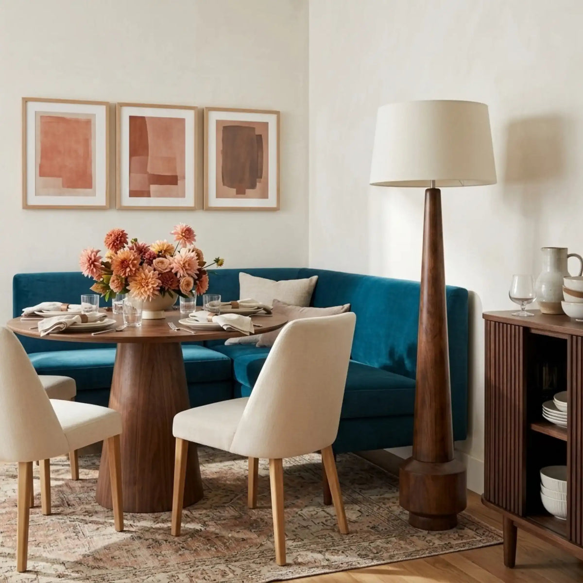 Lampadaire en bois tourné dans un coin repas avec banquette en velours bleu, table ronde et chaises crème