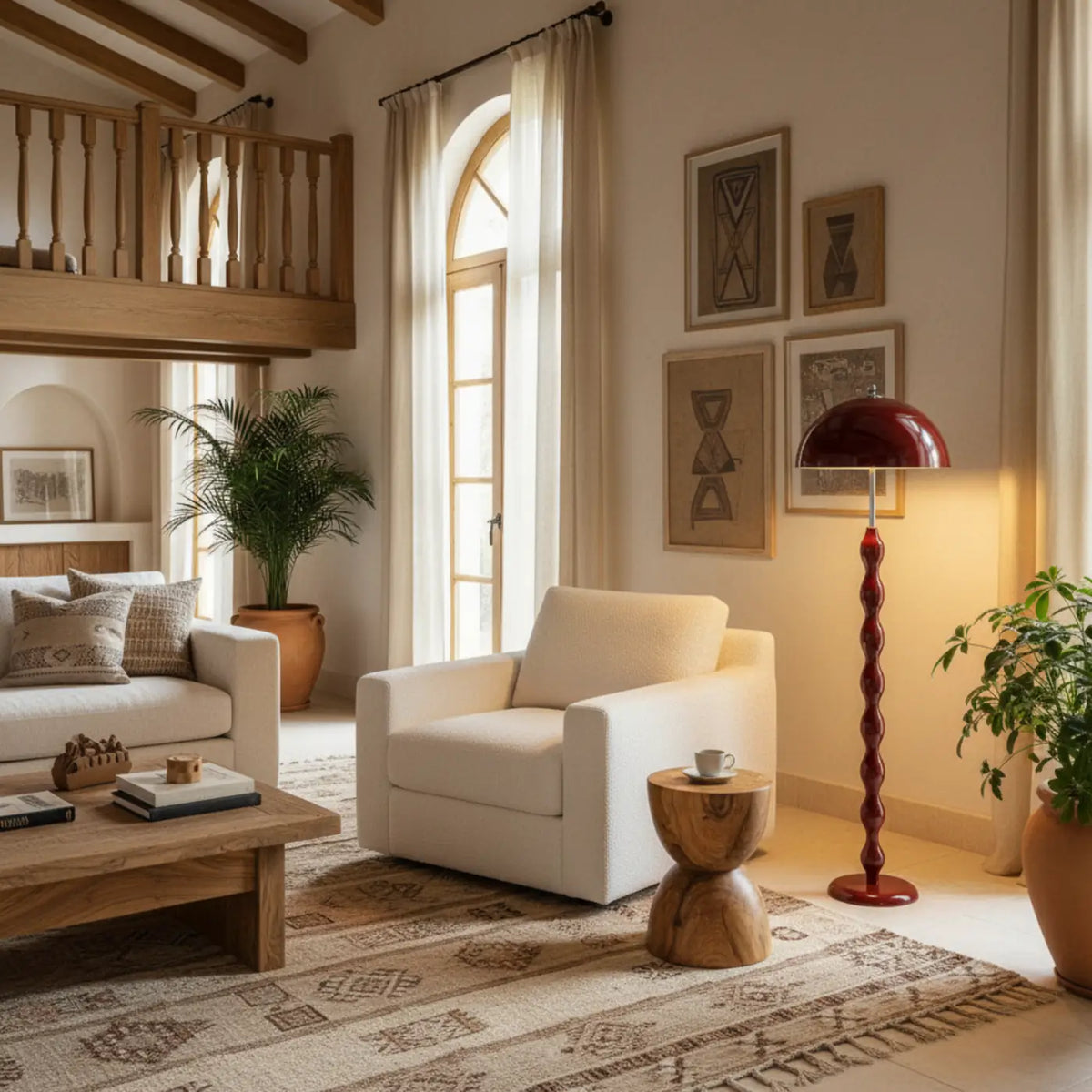 Lampadaire bordeaux allumé près d'un fauteuil blanc et d'une table d'appoint en bois dans un salon