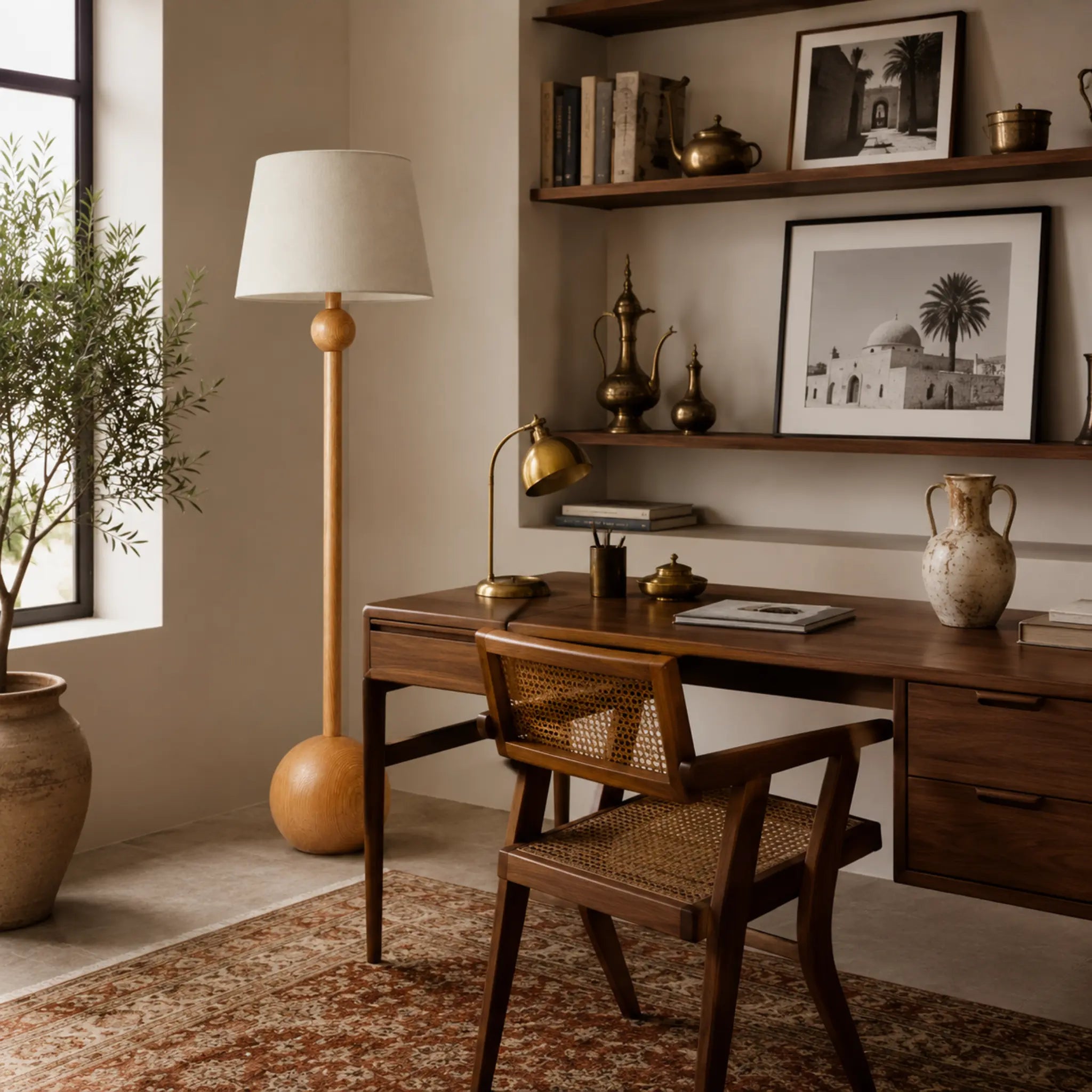 Lampadaire en bois boule hauteur 1m50 dans un bureau élégant avec meuble en noyer et chaise cannée, Tunisie
