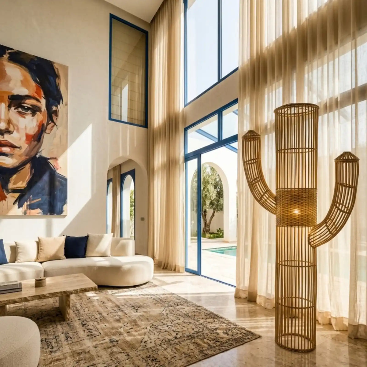 Lampadaire design en forme de cactus dans un grand salon lumineux aux hauts voilages, près d'un canapé arrondi blanc