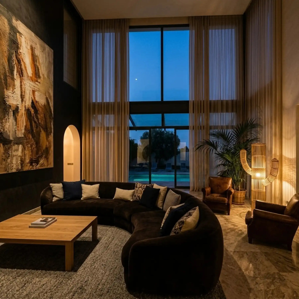 Lampadaire cactus en rotin diffusant une lumière chaude en soirée, près d'un canapé arrondi noir et de fauteuils en cuir