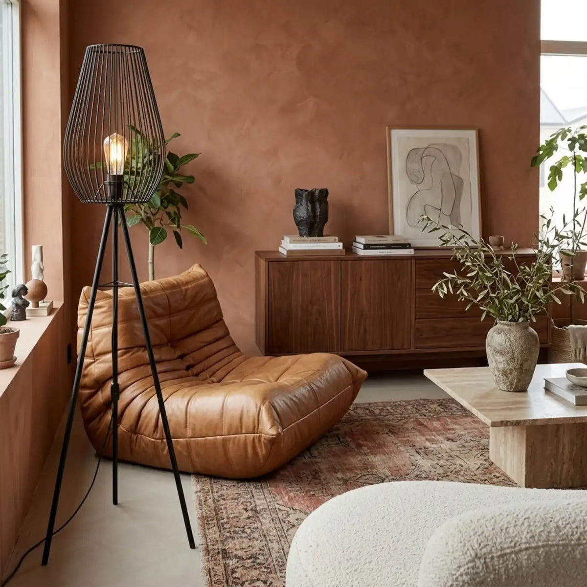 Lampadaire cage goutte allumé dans un salon aux murs terracotta, à côté d'un fauteuil bas en cuir et d'un tapis à motifs