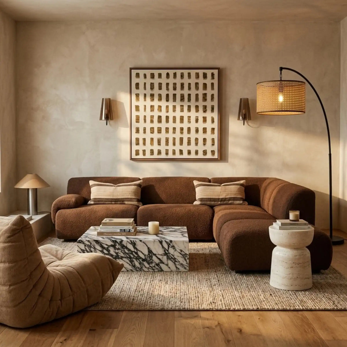 Lampadaire Arc Rotin & Métal Noir – Abat-jour Cannage