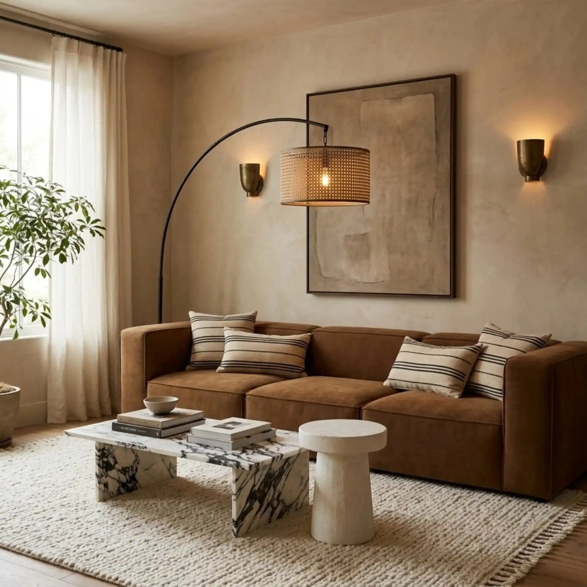 Lampadaire Arc Rotin & Métal Noir – Abat-jour Cannage