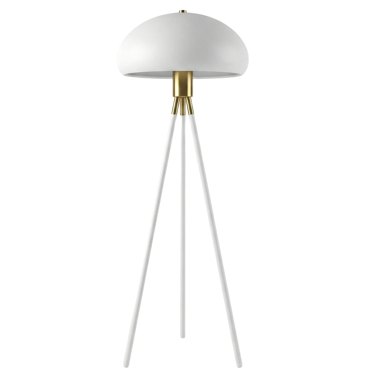 Lampadaire champignon trépied blanc avec abat-jour dôme et jonction en laiton doré, sur fond blanc