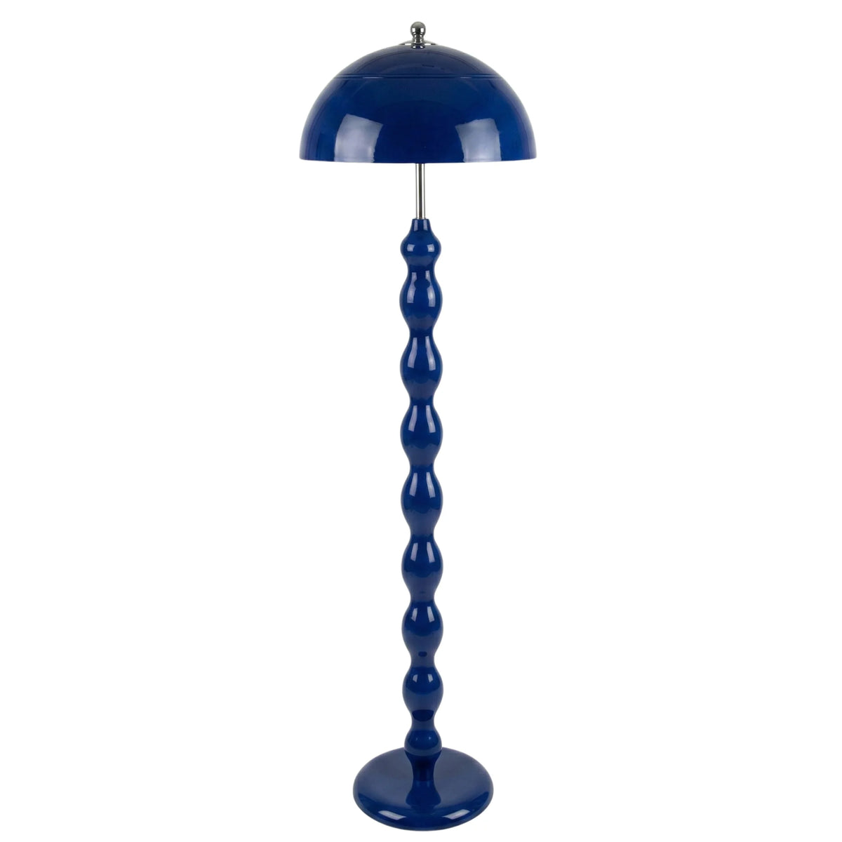 Lampadaire champignon bleu laqué, pied ondulé et abat-jour dôme, sur fond blanc
