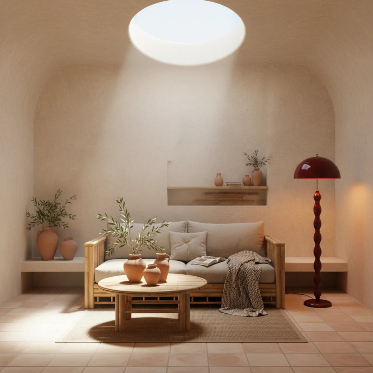 Lampadaire champignon bordeaux allumé, lumière chaude, dans un salon voûté aux tons terracotta