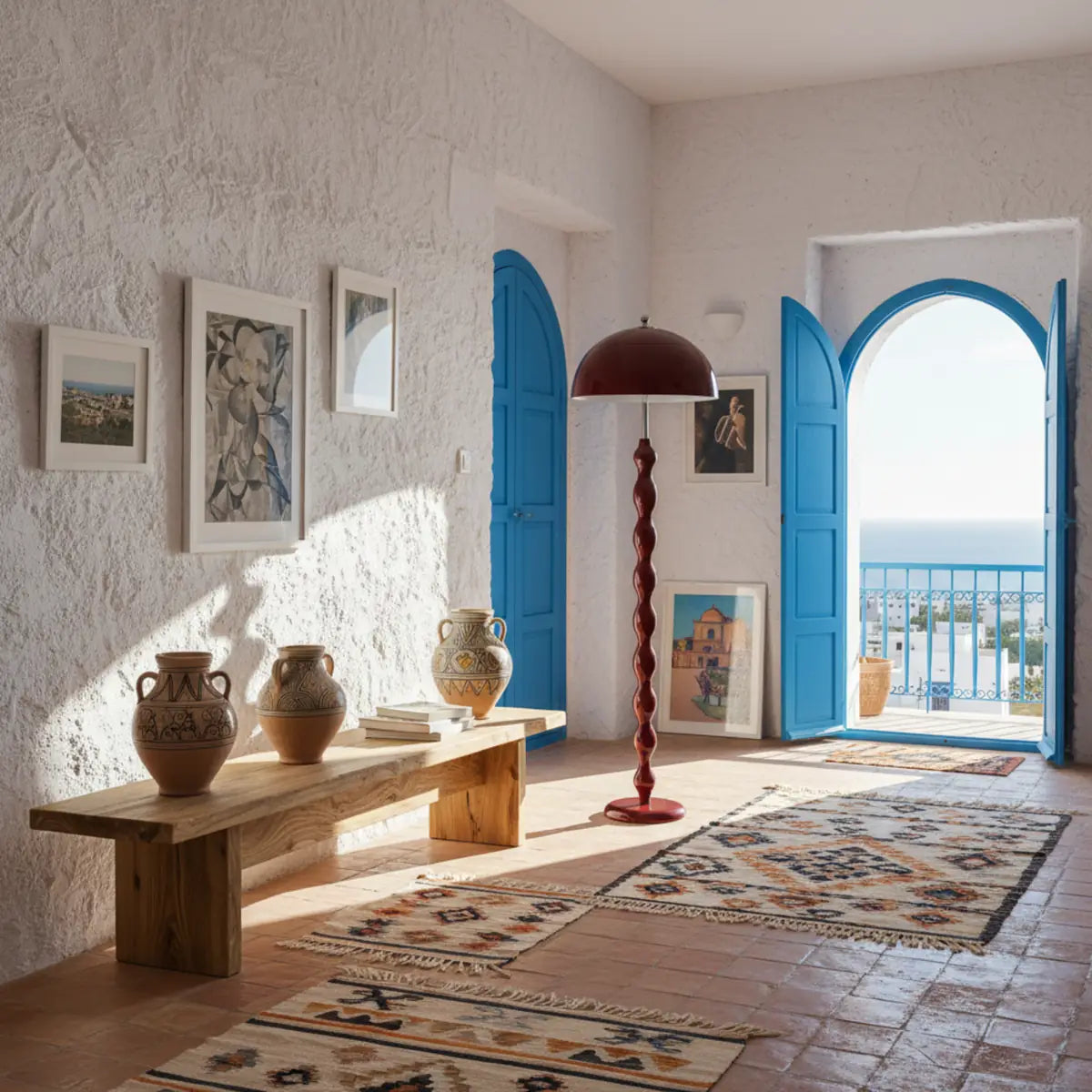 Lampadaire champignon rouge dans une entrée blanche aux portes bleues de style tunisien, avec tapis kilim