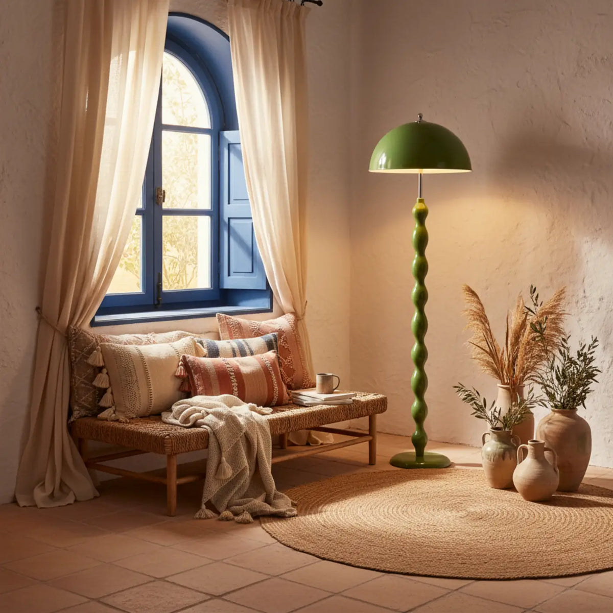 Lampadaire champignon vert olive allumé près d'une banquette, sous une fenêtre bleue, sol en terre cuite