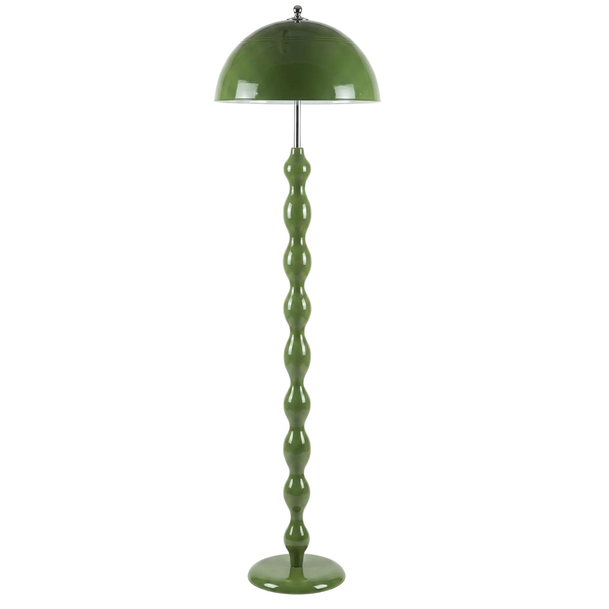 Lampadaire champignon vert olive laqué, pied ondulé et abat-jour dôme, sur fond blanc
