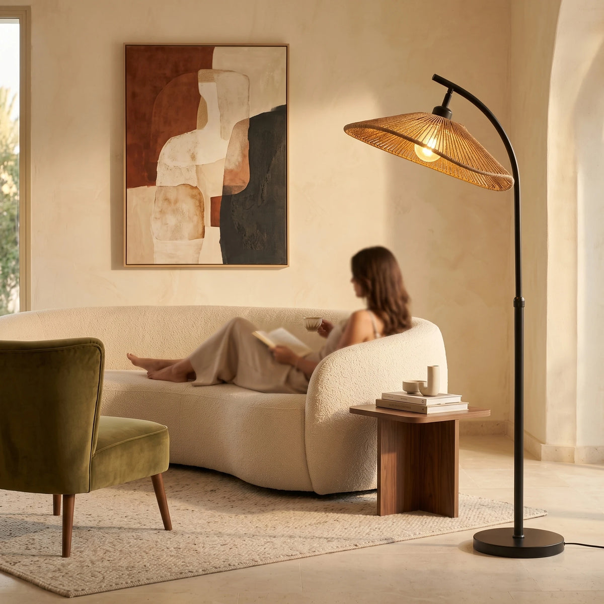Coin lecture avec lampadaire arc noir et abat-jour en jute au-dessus d'un canapé courbé beige