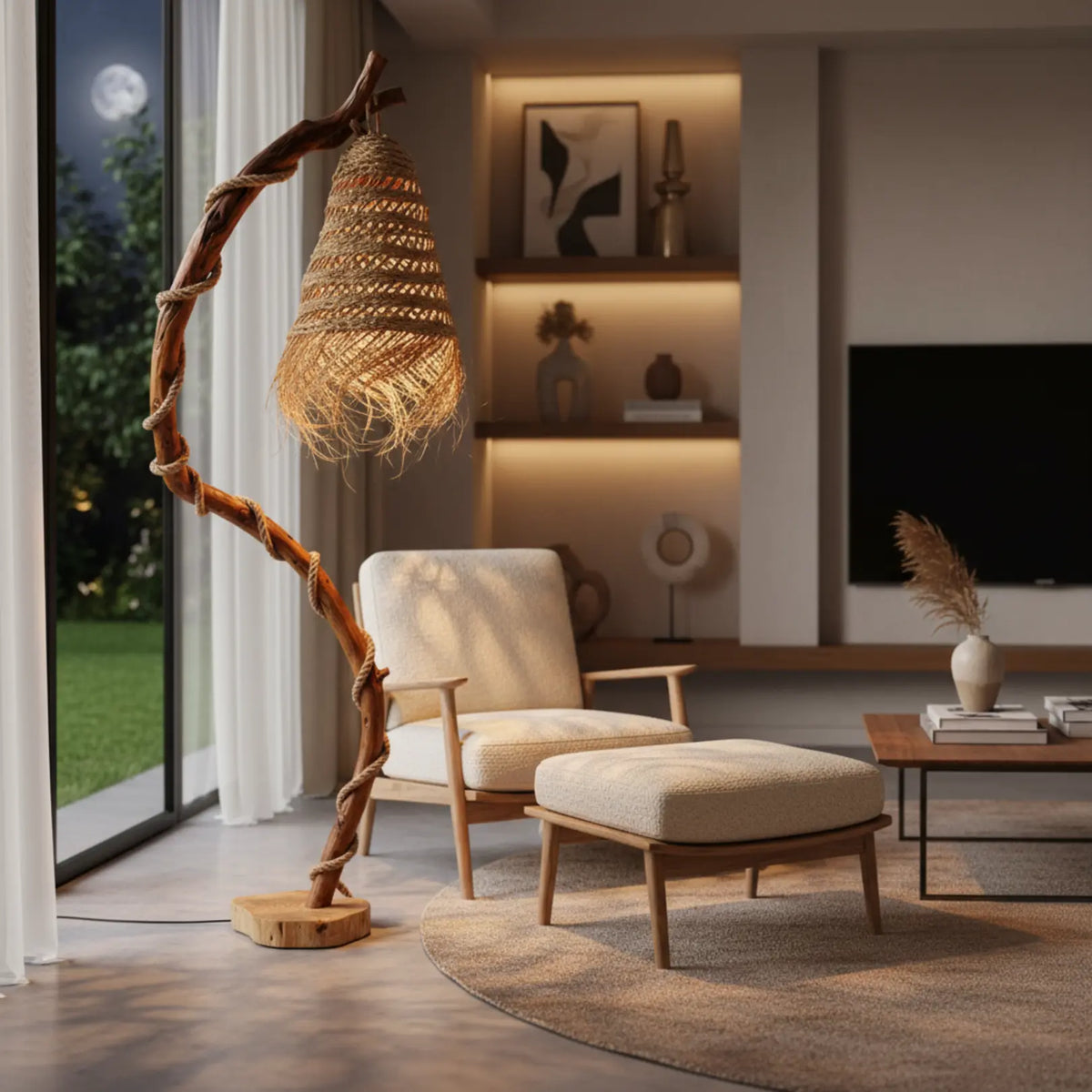 Lampadaire en bois flotté allumé le soir dans un coin lecture, près d'un fauteuil et d'un repose-pieds