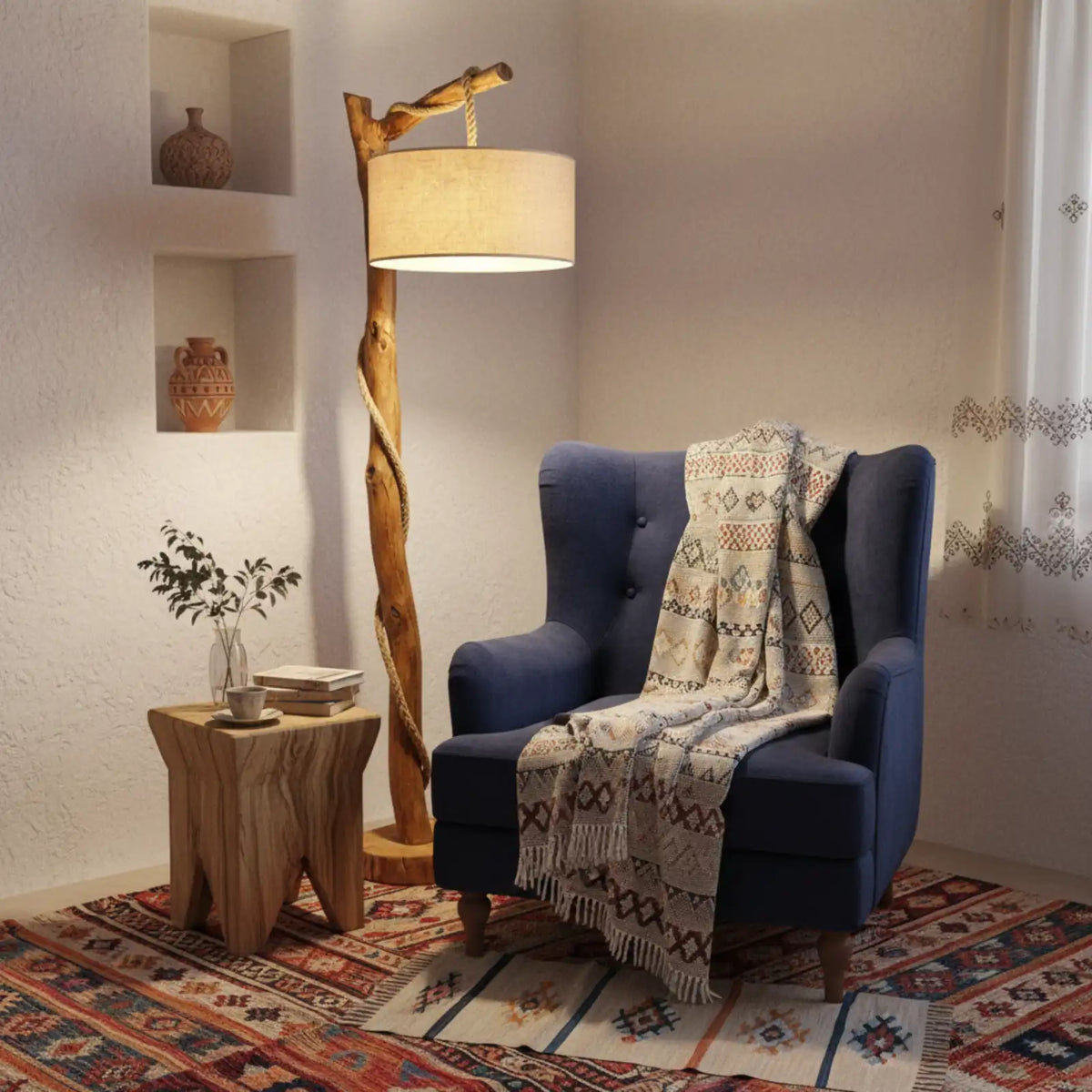 Lampe de lecture sur pied en bois flotté dans un coin lecture, près d'un fauteuil bleu et d'un tapis kilim