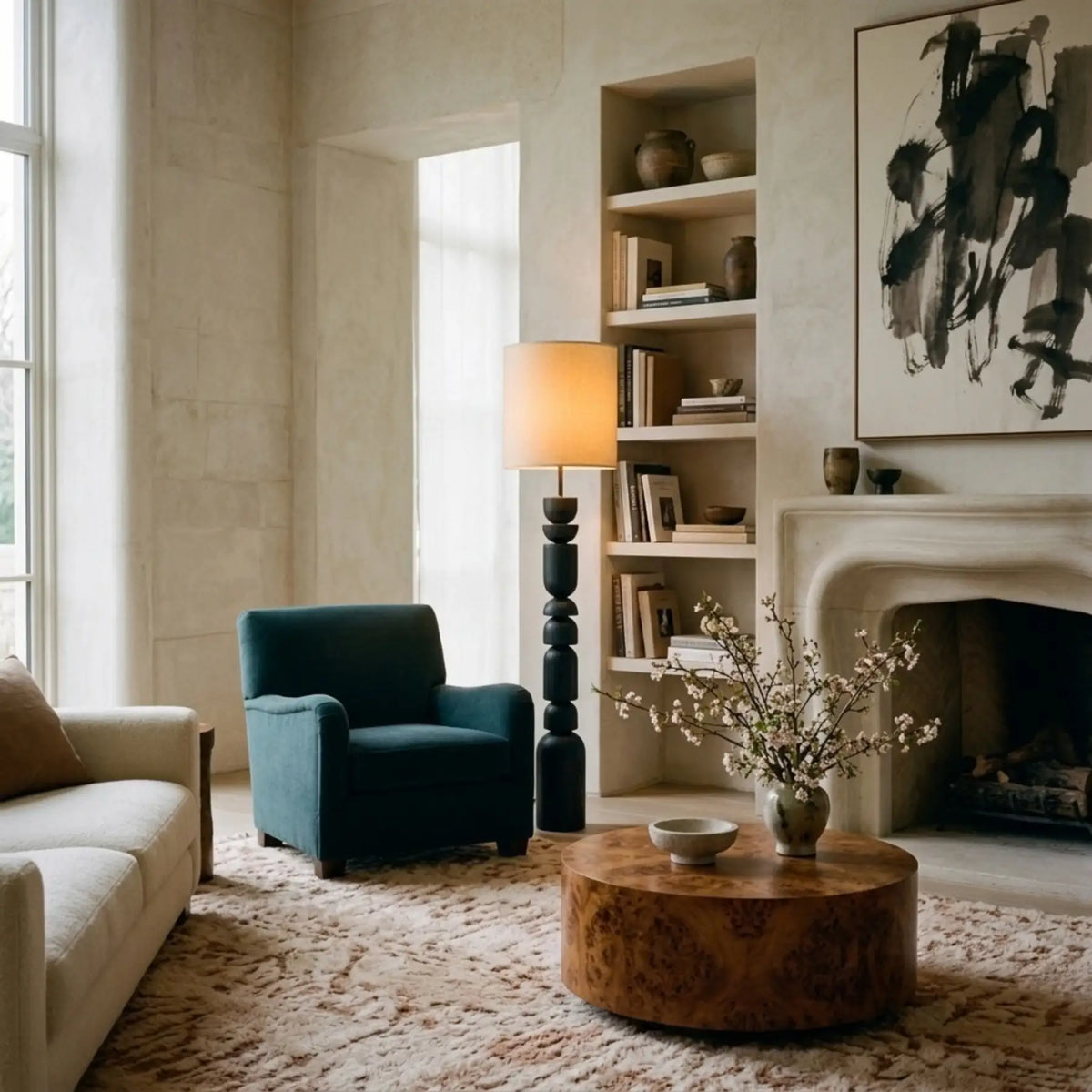 Lampadaire colonne allumé près d'une cheminée en pierre et d'une bibliothèque murale, avec fauteuil bleu canard et table basse en bois