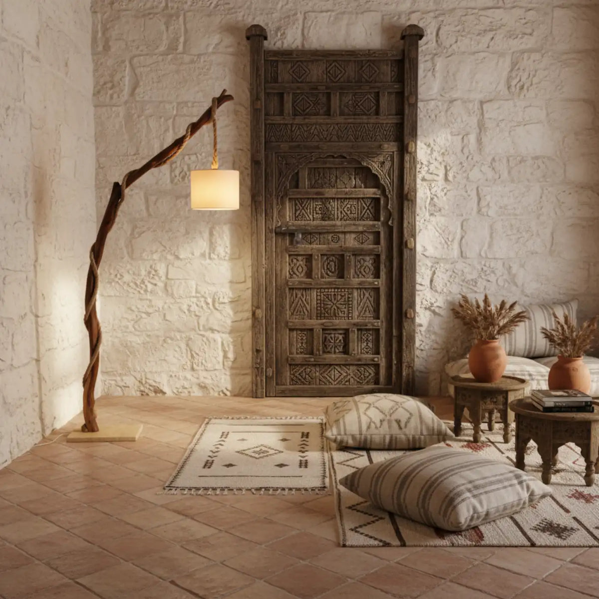Lampadaire artisanal en bois devant un mur en pierre et une porte ancienne sculptée, coussins de sol sur tapis tissé