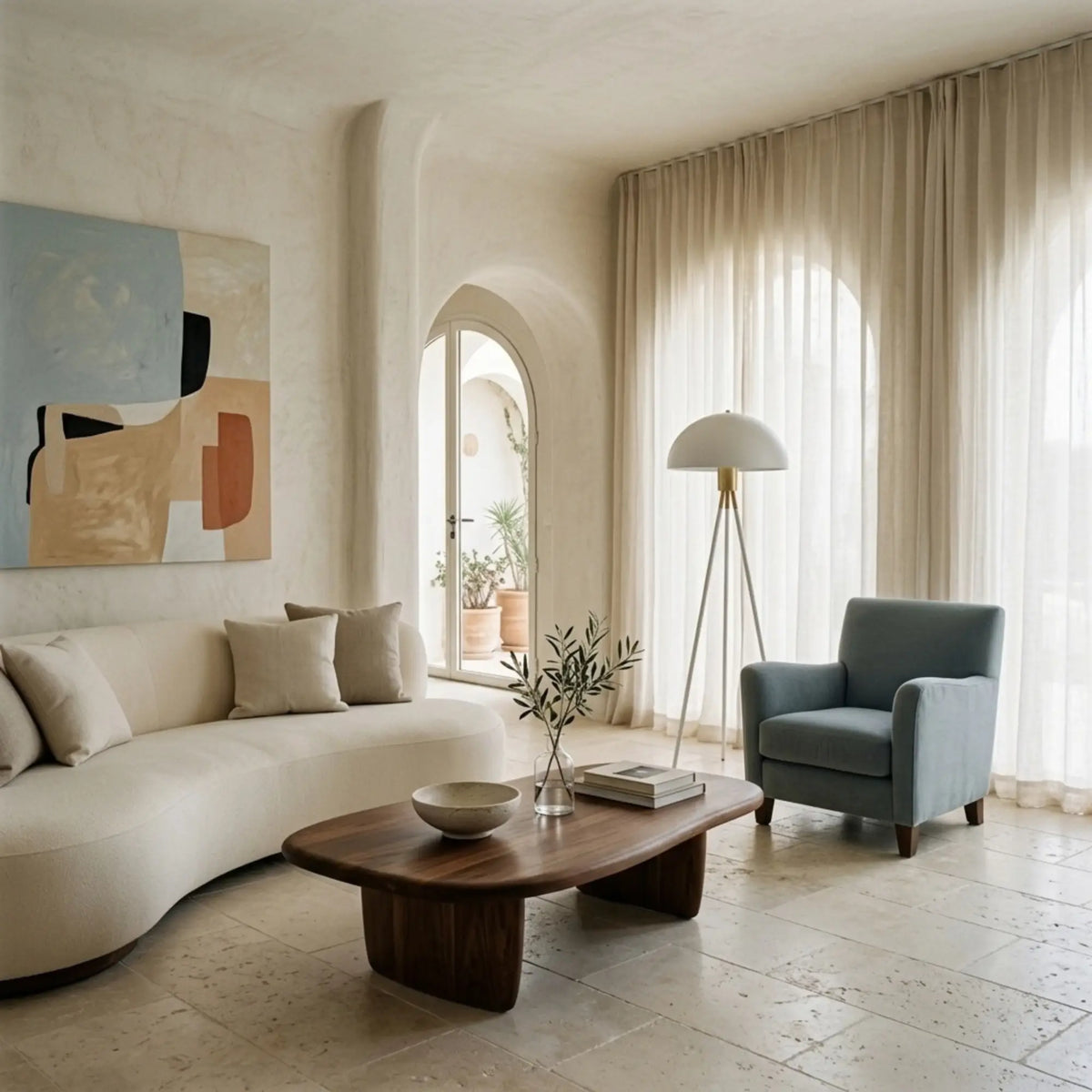 Lampadaire champignon blanc près d'un fauteuil bleu et d'un canapé courbe crème, dans un salon méditerranéen à fenêtre cintrée