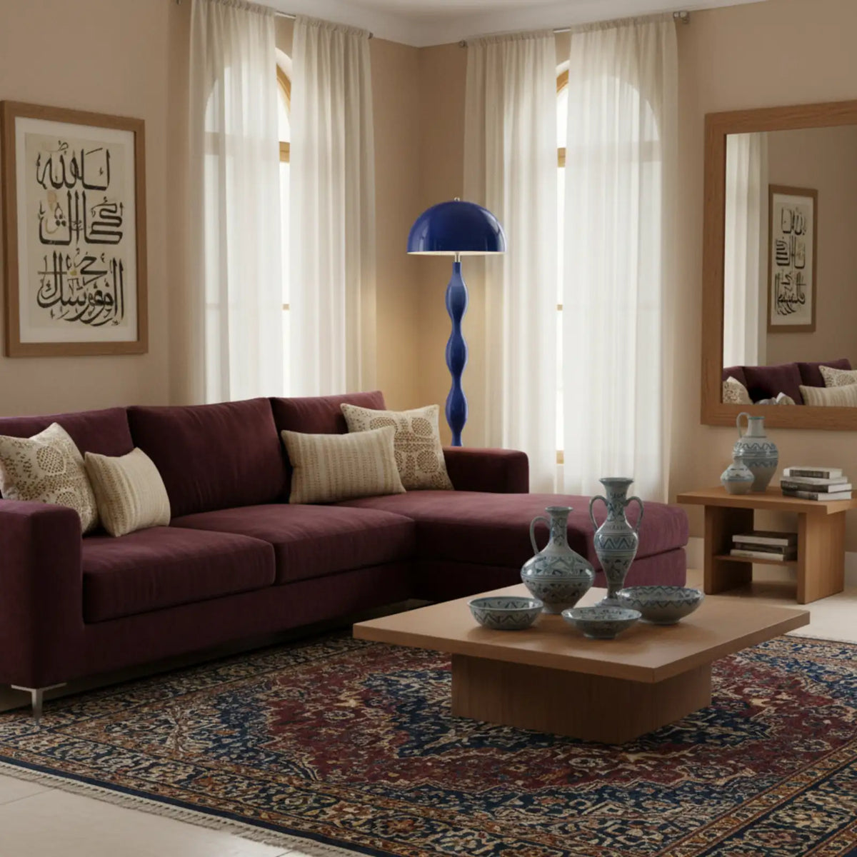 Lampadaire design bleu derrière un canapé d'angle prune, avec céramiques bleues et tapis oriental