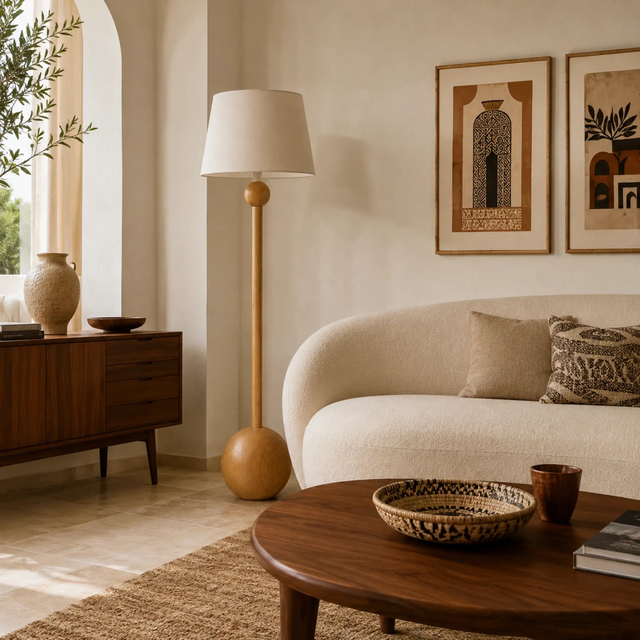Lampadaire design en bois clair avec base boule dans un salon bohème chic aux tons beiges, luminaire sur pied Tunisie