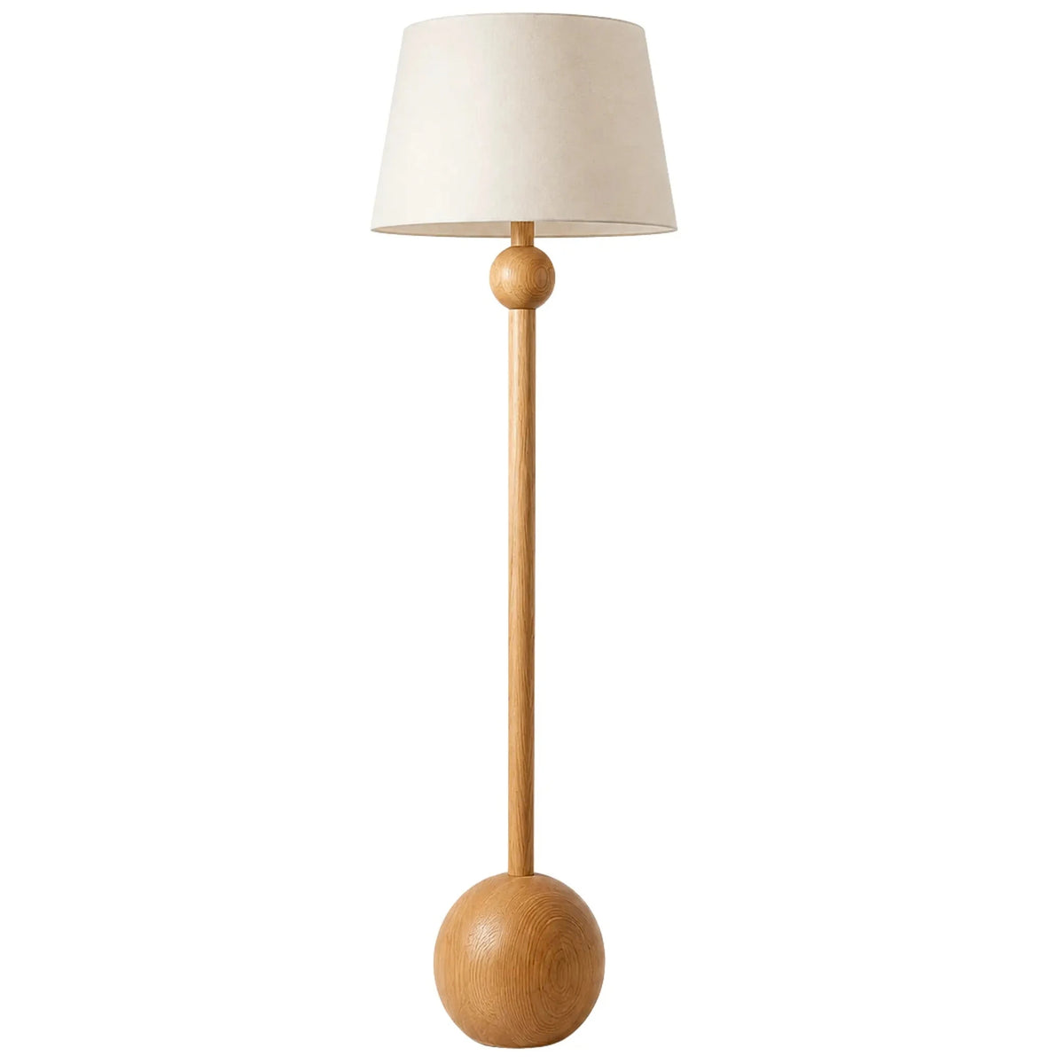 Lampadaire design en bois naturel avec pied boule et abat-jour en lin, sur fond blanc