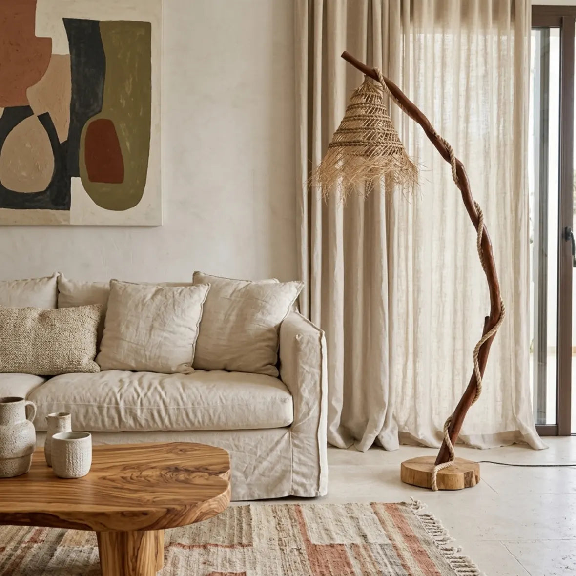 Lampadaire design en bois flotté à côté d'un canapé beige, sous un tableau abstrait aux tons terre