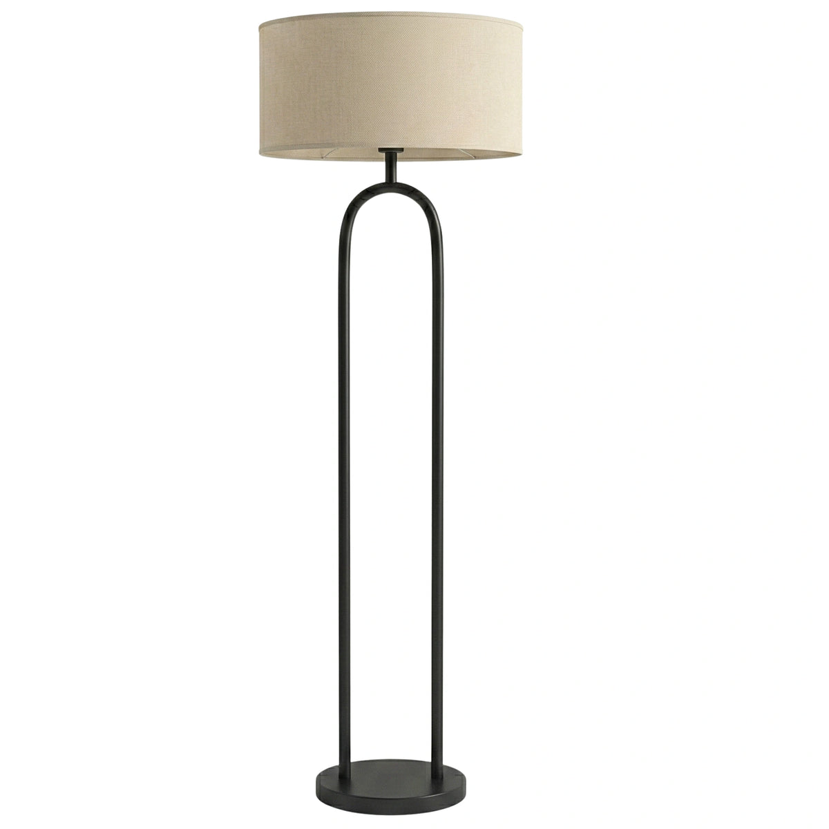Lampadaire design noir mat à pied en arceau et abat-jour tambour beige, sur fond blanc