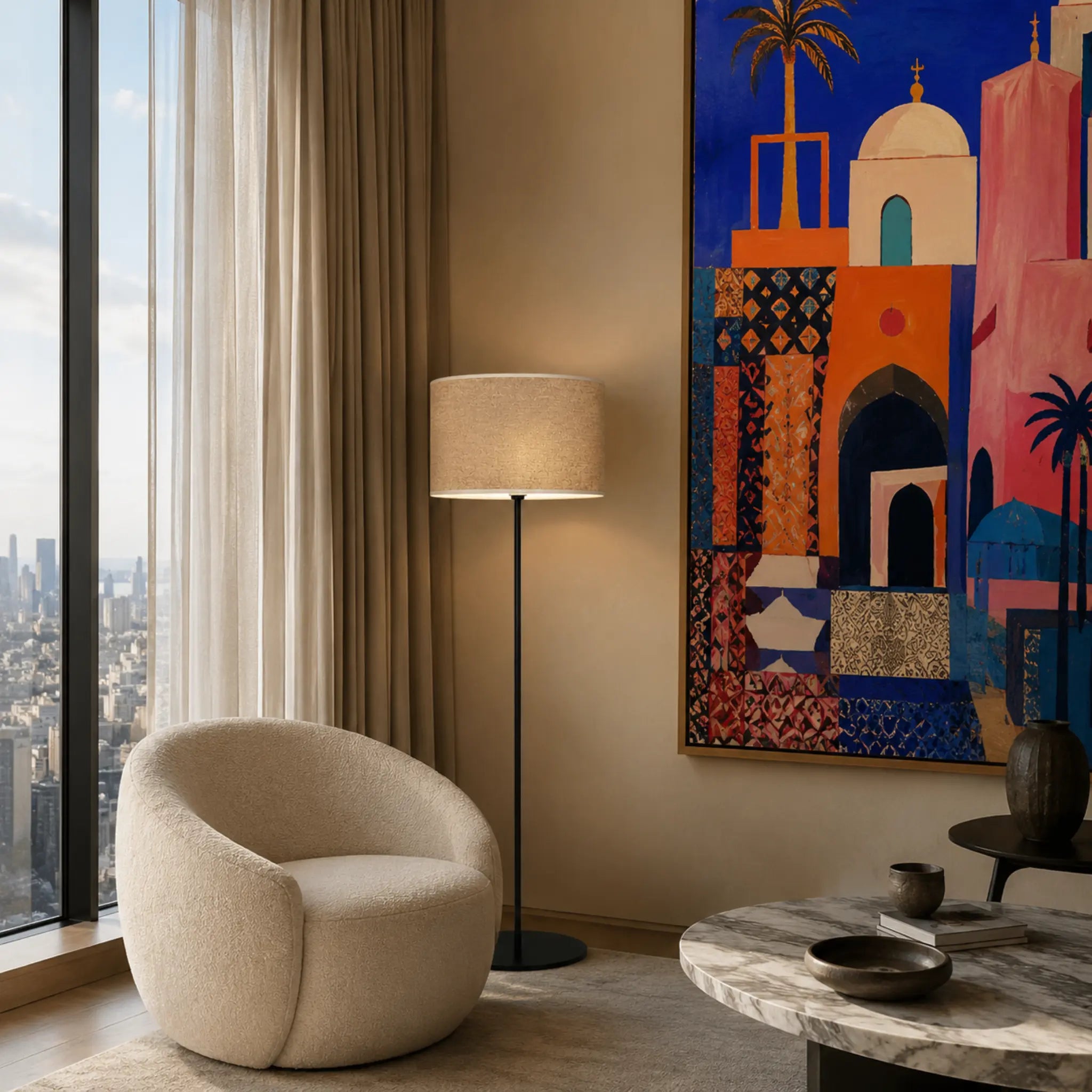 Lampadaire design en métal noir avec abat-jour tambour gris à côté d'un fauteuil bouclette, coin lecture Tunisie