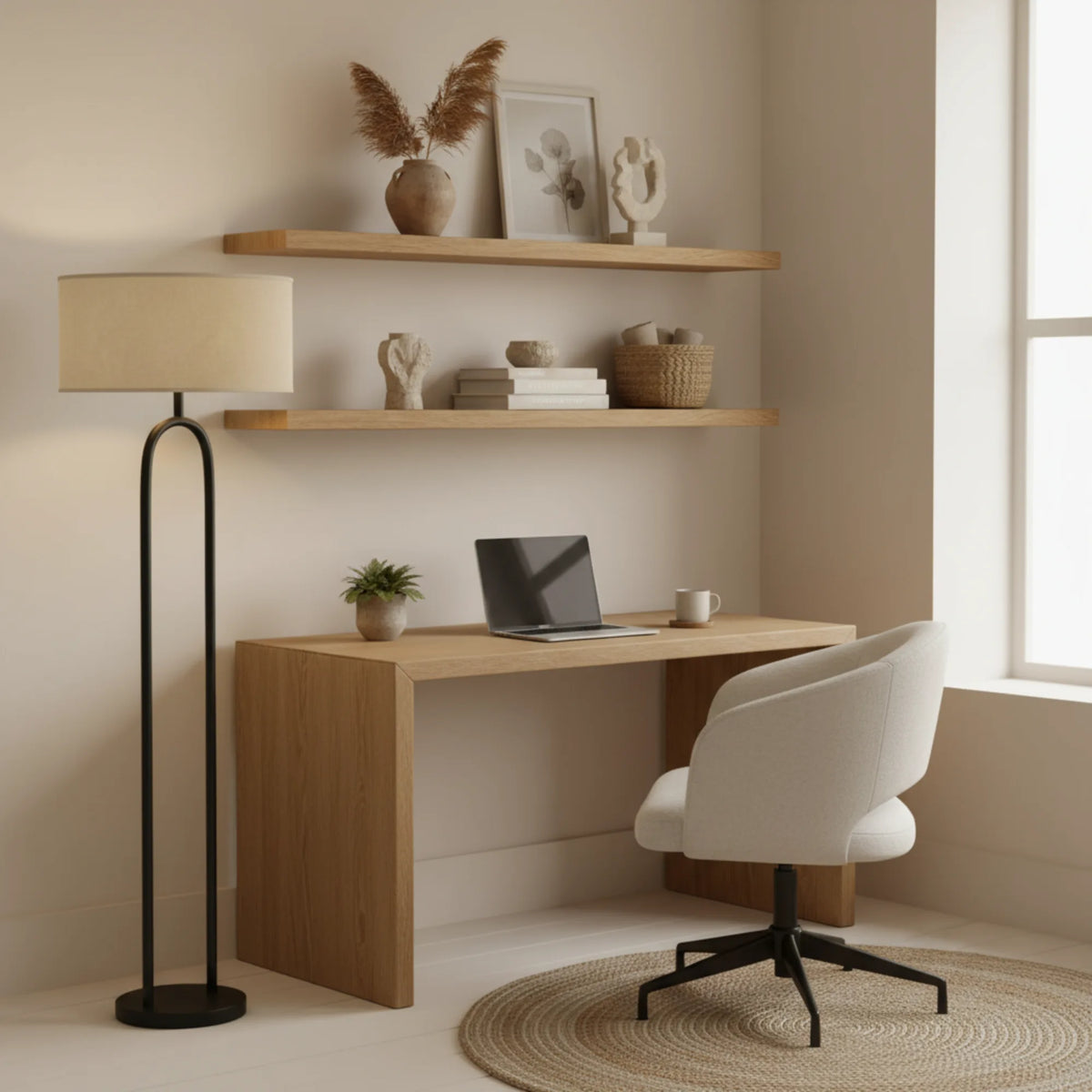 Lampadaire design noir à côté d'un bureau en bois clair avec étagères murales et chaise blanche