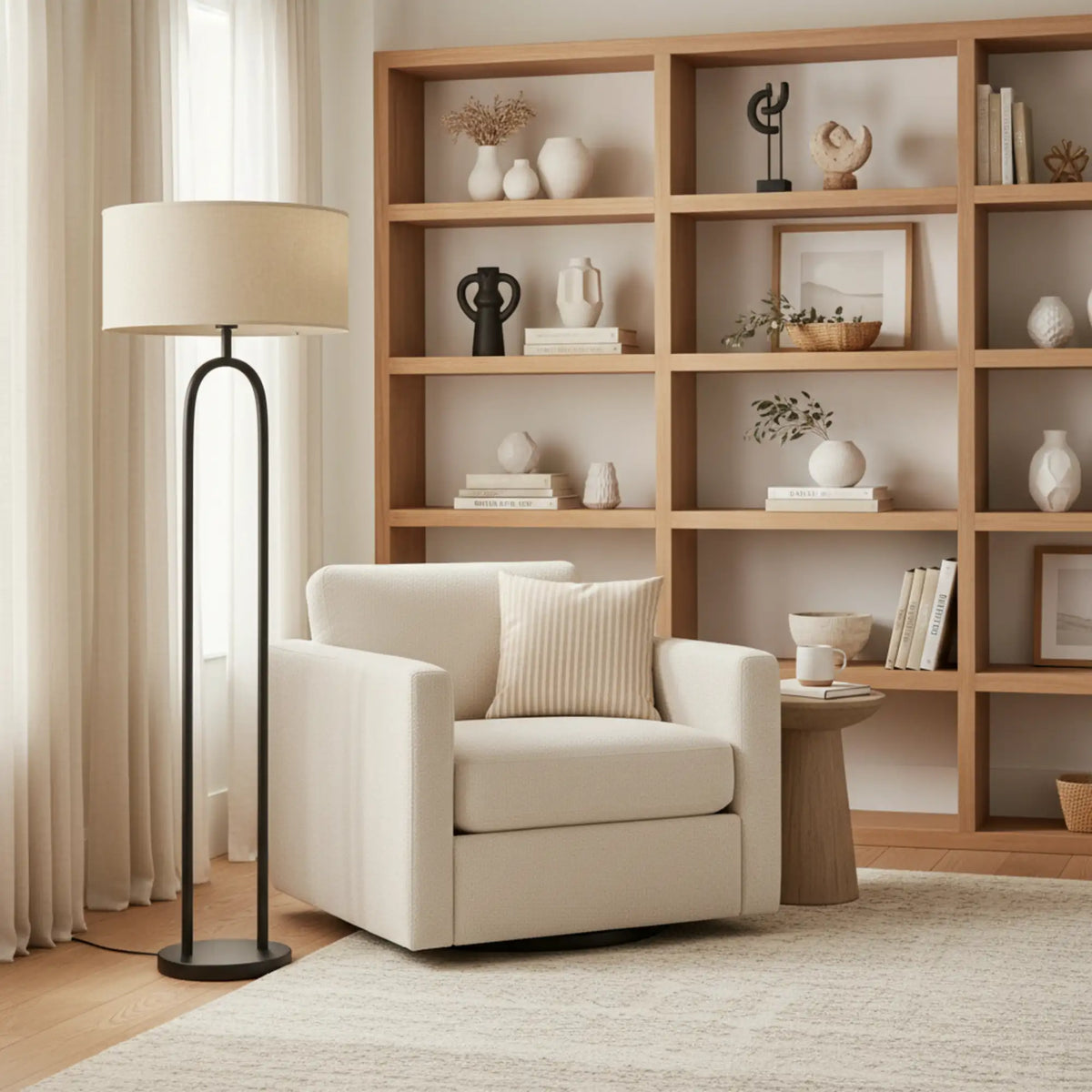 Lampadaire design noir à côté d'un fauteuil crème, devant une bibliothèque en bois clair