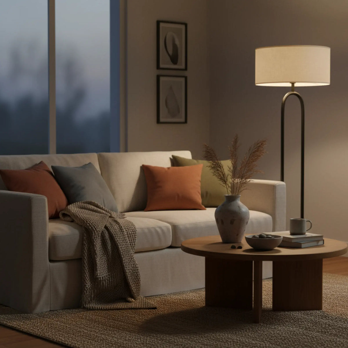 Lampadaire design noir allumé le soir près d'un canapé blanc aux coussins rouille et d'une table basse ronde en bois