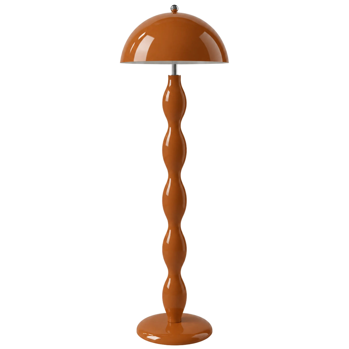 Lampadaire design orange à abat-jour champignon et pied ondulé, sur fond blanc