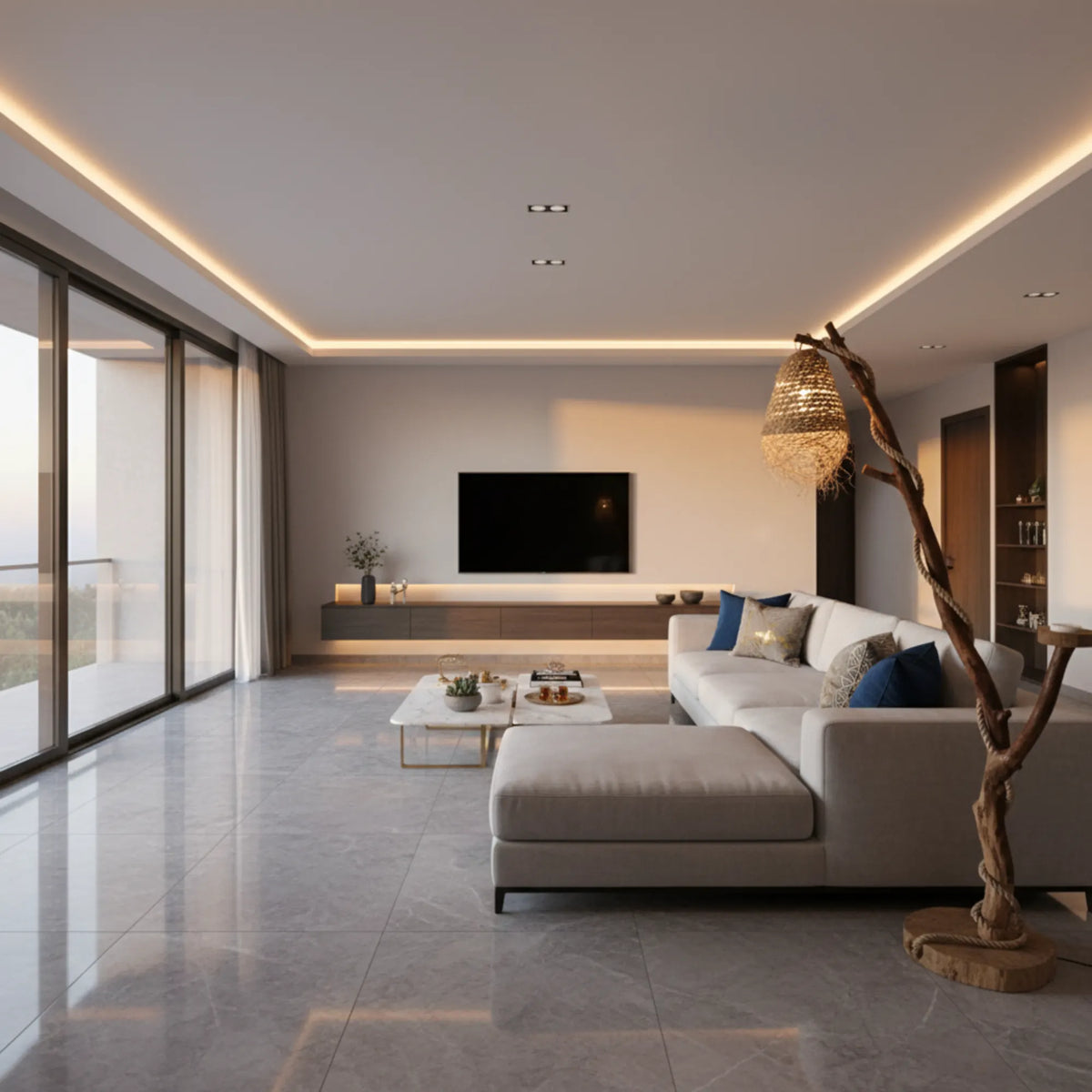 Lampadaire bois naturel dans un grand salon moderne, à côté d'un canapé d'angle gris et d'une baie vitrée