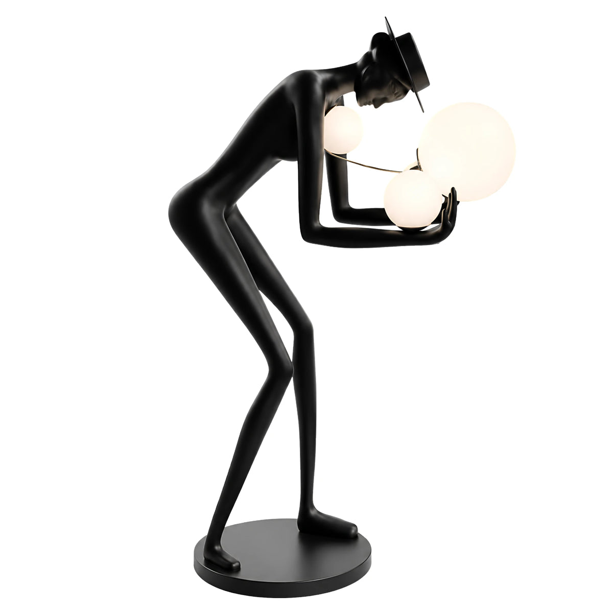 Lampadaire design sculpture homme noir au chapeau tenant trois boules lumineuses, sur fond blanc