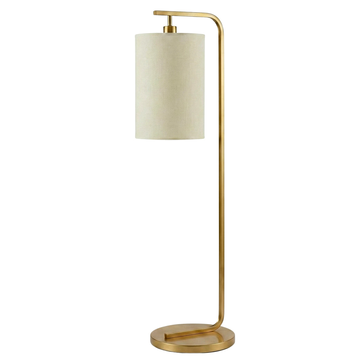 Lampadaire doré à tige recourbée et abat-jour cylindrique en lin beige, sur fond blanc
