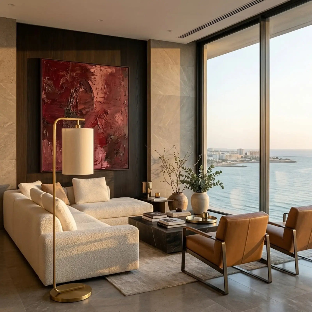 Lampadaire doré derrière un canapé blanc, face à deux fauteuils en cuir camel et une baie vitrée sur la mer