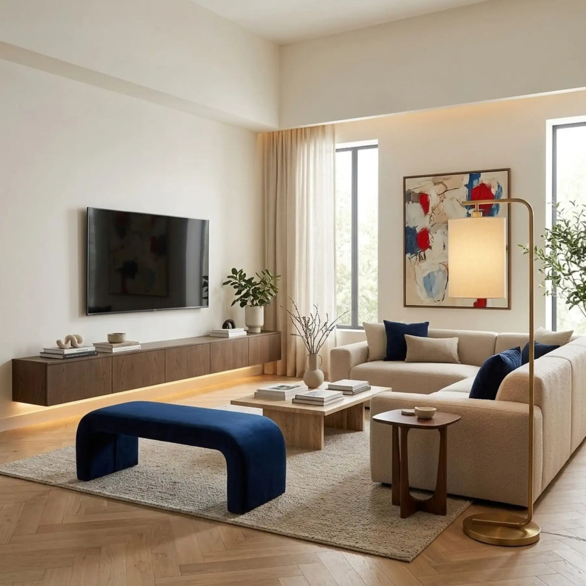 Lampadaire doré au bout d'un canapé d'angle beige, face à un meuble TV et un banc bleu marine
