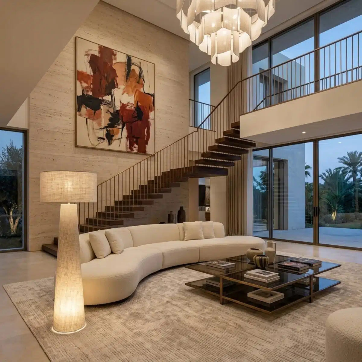 Lampadaire lin allumé au pied d'un escalier, dans un salon duplex avec canapé courbe blanc