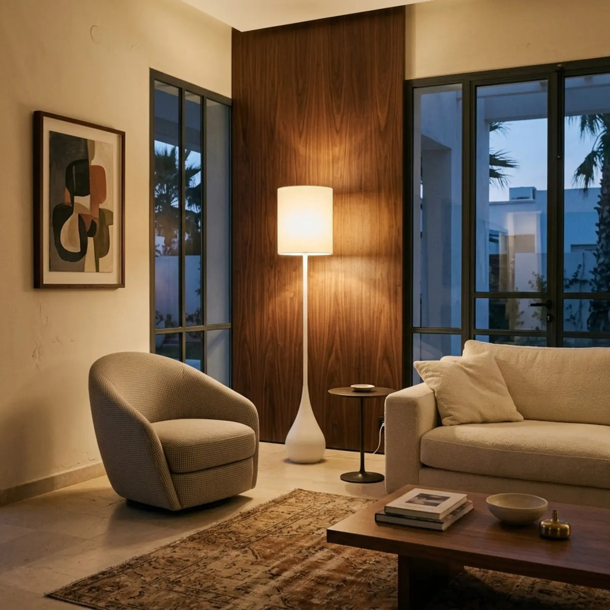 Lampadaire blanc allumé le soir dans un salon aux murs en bois, près d'un fauteuil gris et d'un canapé crème