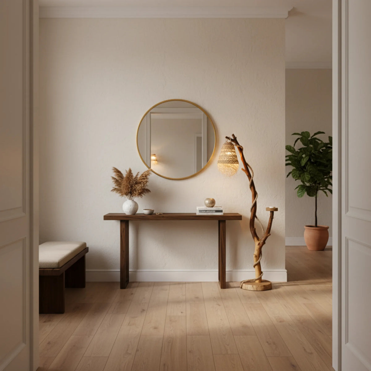Lampadaire en bois flotté dans une entrée, près d'une console en bois et d'un miroir rond doré