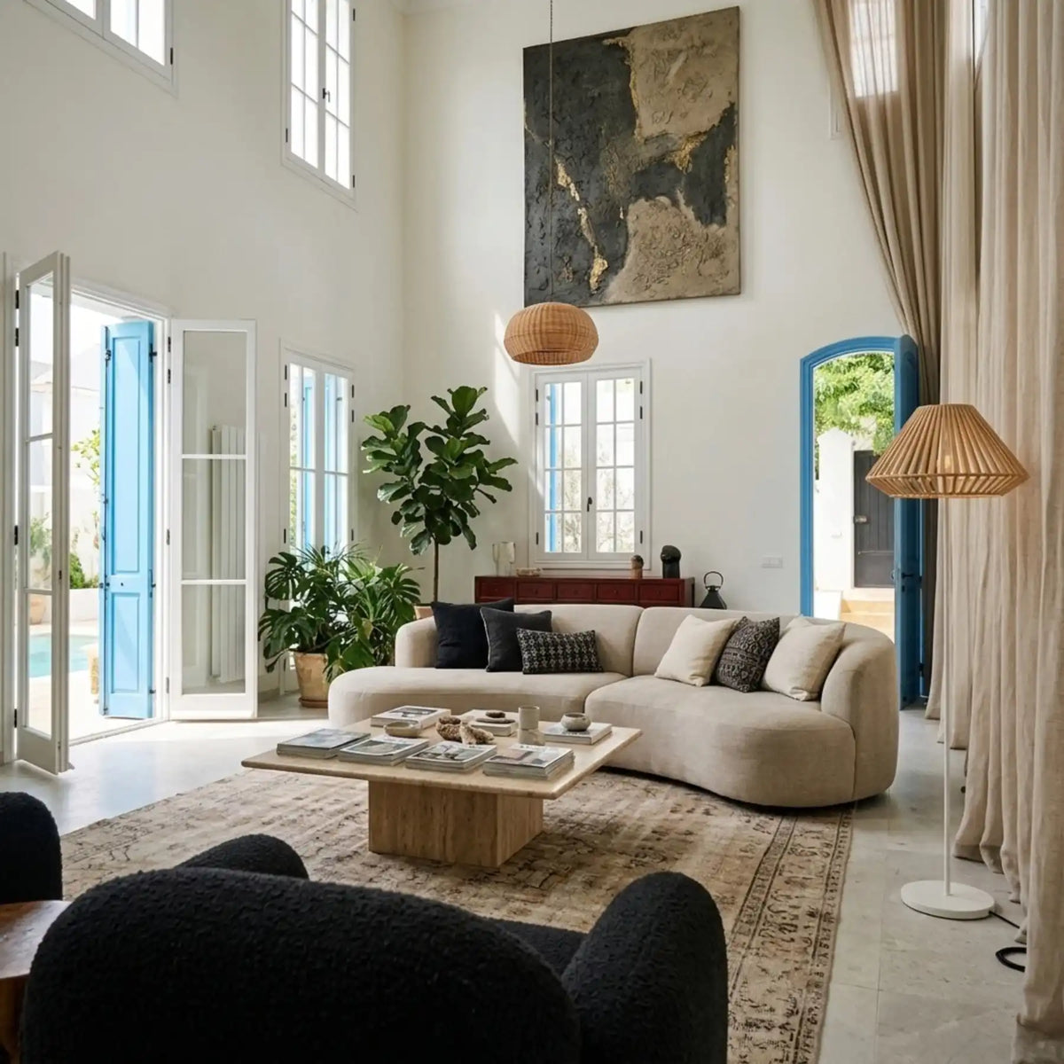 Lampadaire à lattes et suspension assortie dans un salon double hauteur, près d'un canapé blanc arrondi