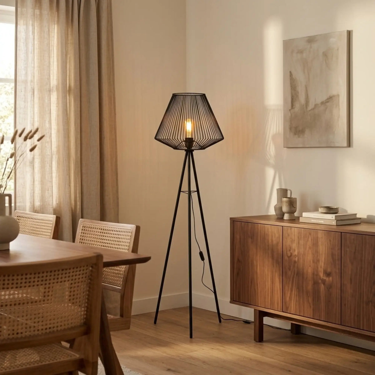 Lampadaire filaire allumé dans un angle de salle à manger, entre un buffet en bois foncé et des chaises cannées