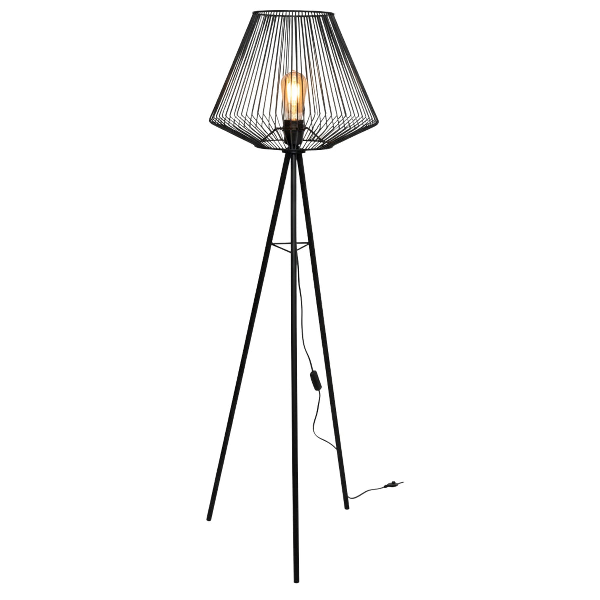 Lampadaire trépied en métal noir avec abat-jour en cage filaire et ampoule visible, sur fond blanc