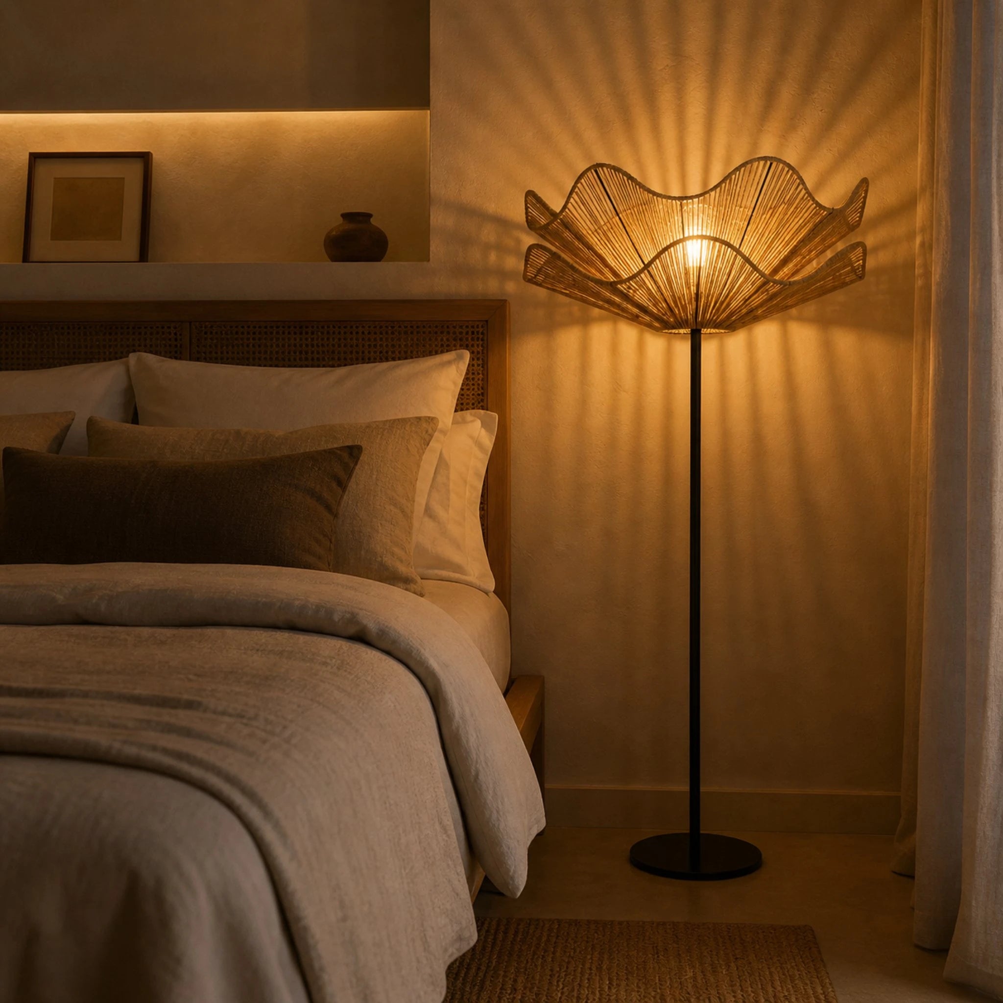 Lampadaire fleur jute tressé lumière dorée intérieur bohème Tunisie