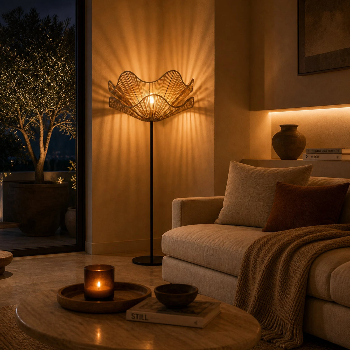 Lampadaire fleur jute éclairage artisanal fait main Tunisie