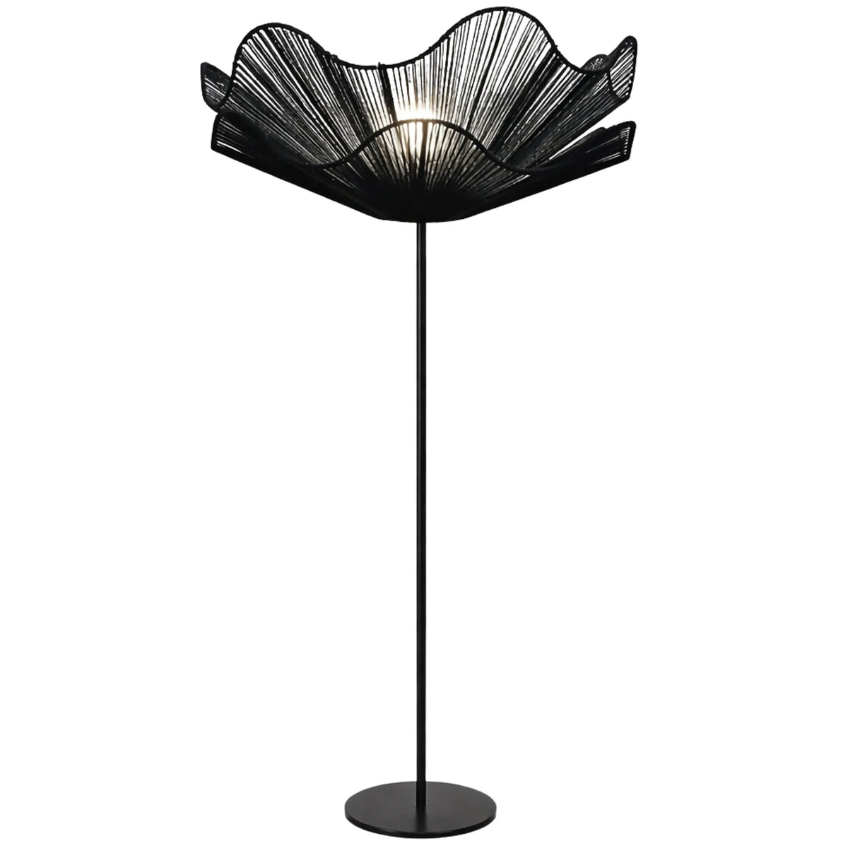 Lampadaire fleur en jute noir tressé avec pied en métal noir, sur fond blanc