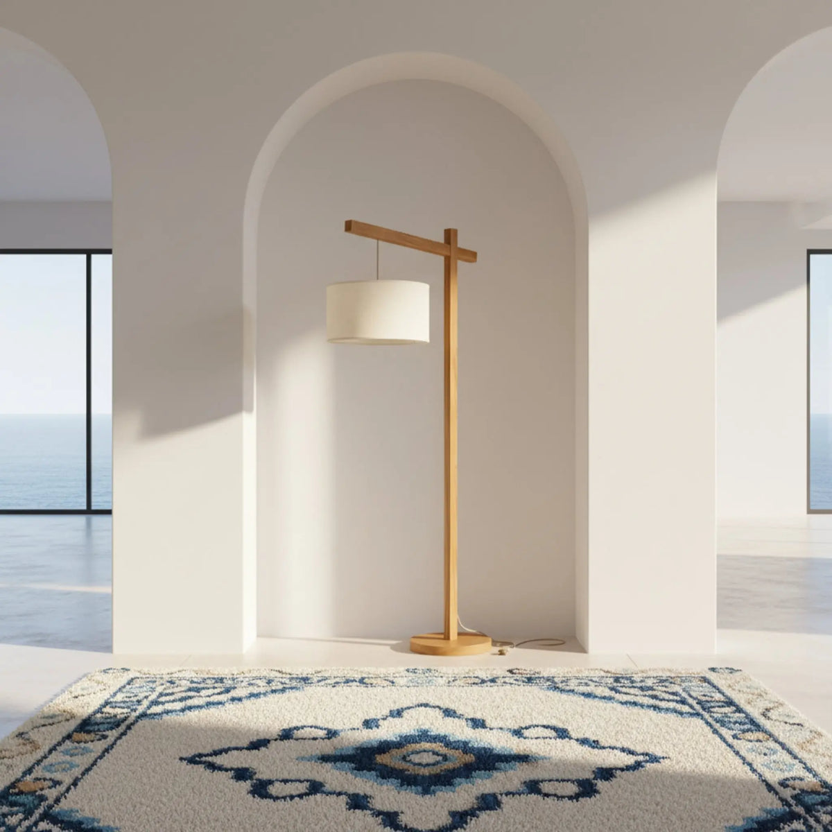 Lampadaire bois frêne fait main Tunisie espace épuré
arches blanches vue mer tapis berbère — Fiolla Home