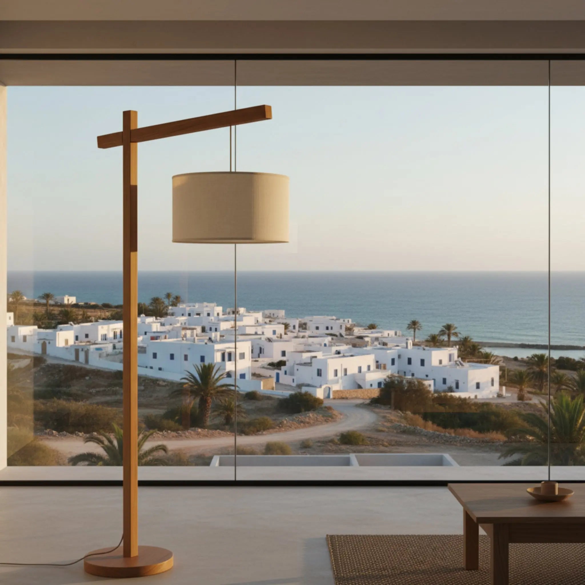 Lampadaire bois frêne fait main Tunisie baie vitrée
vue mer village blanc côtier palmiers — Fiolla Home