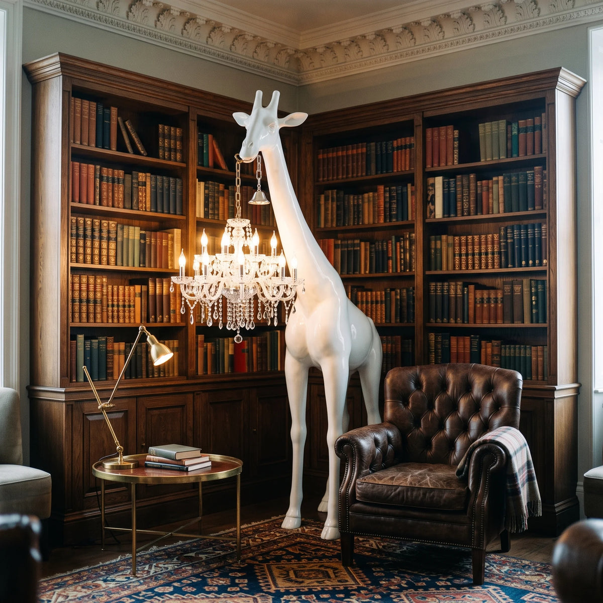 Lampadaire girafe dans une bibliothèque avec fauteuil en cuir et étagères en bois