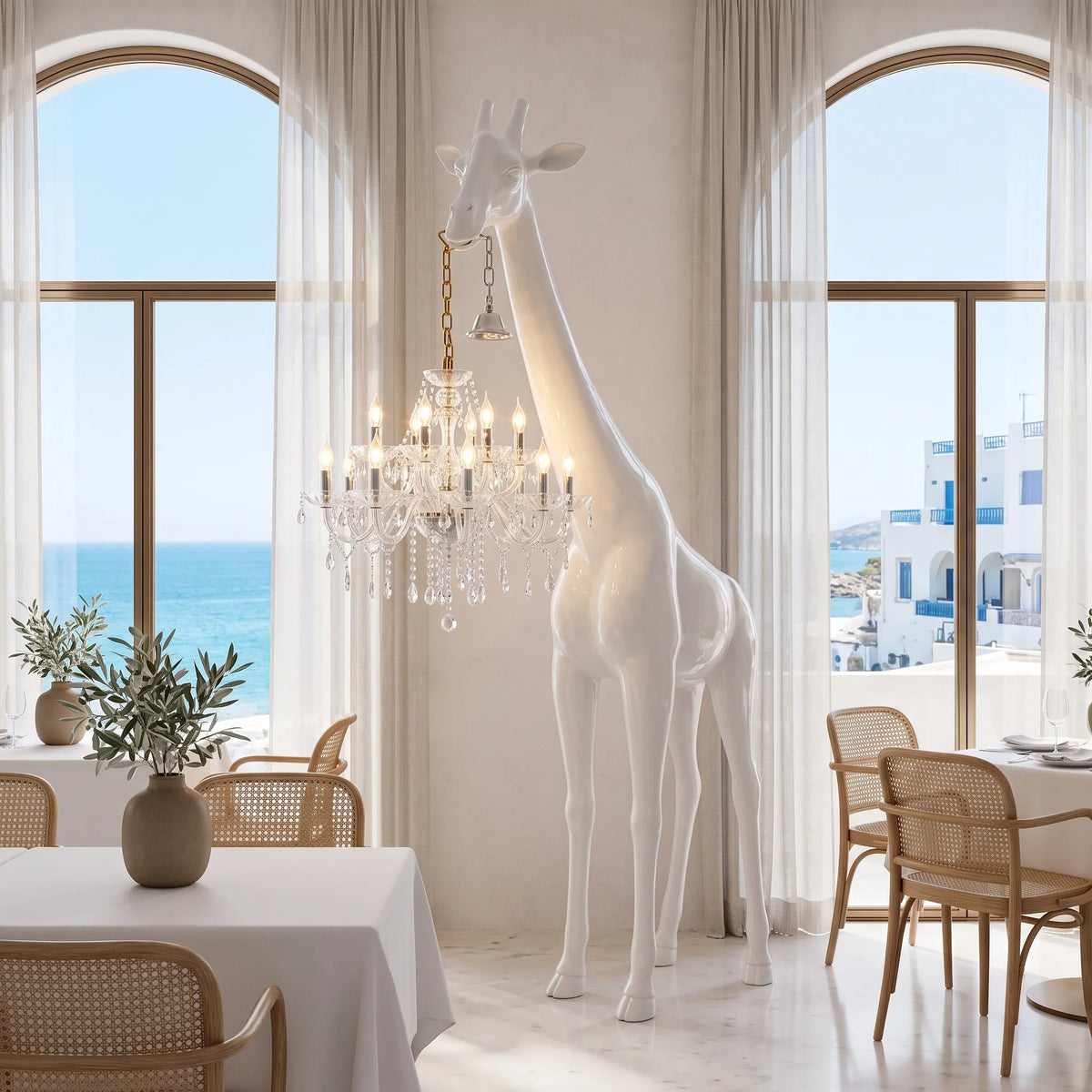 Lampadaire girafe blanc dans une salle à manger moderne avec vue sur la mer
