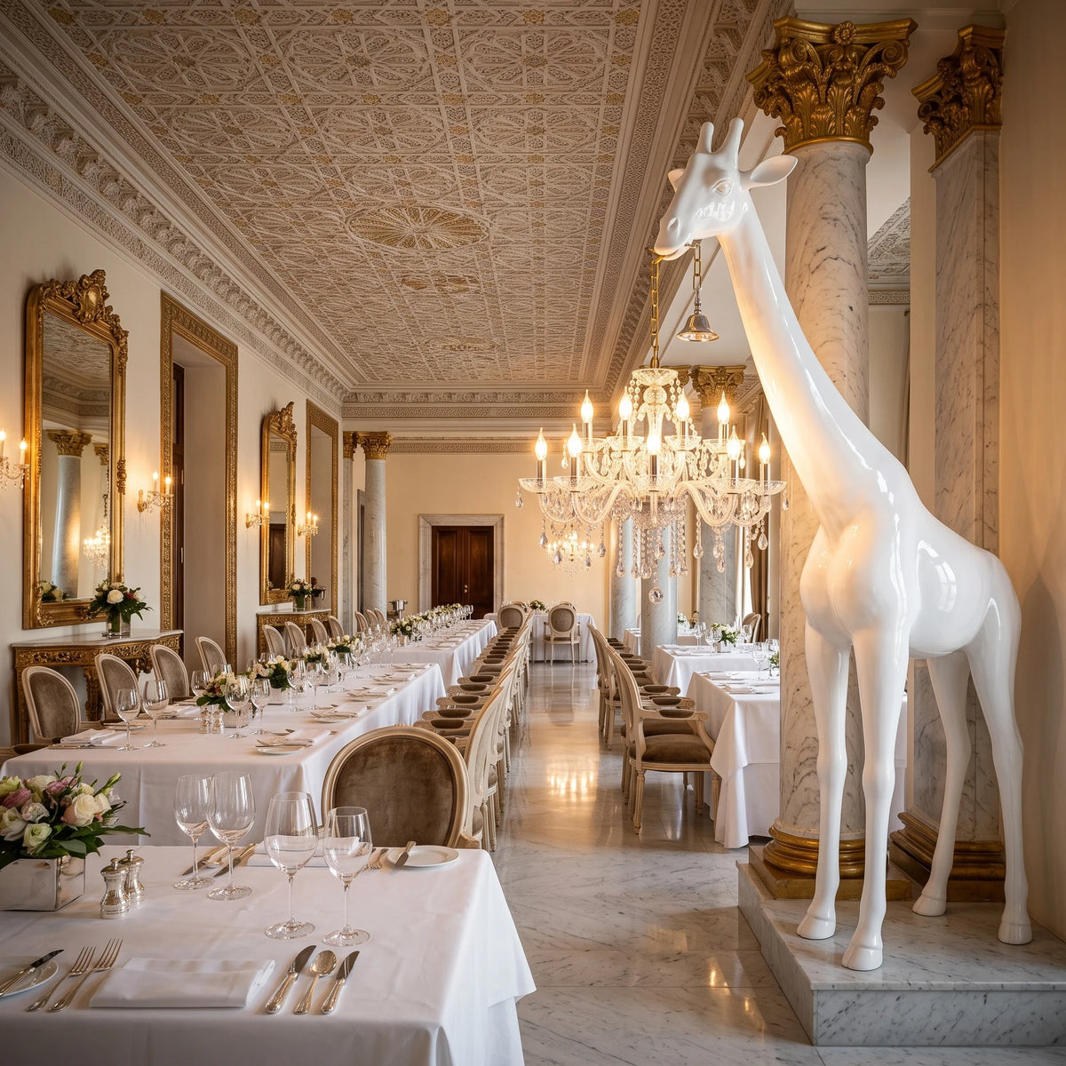 Lampadaire girafe blanc dans une salle de réception avec colonnes en marbre